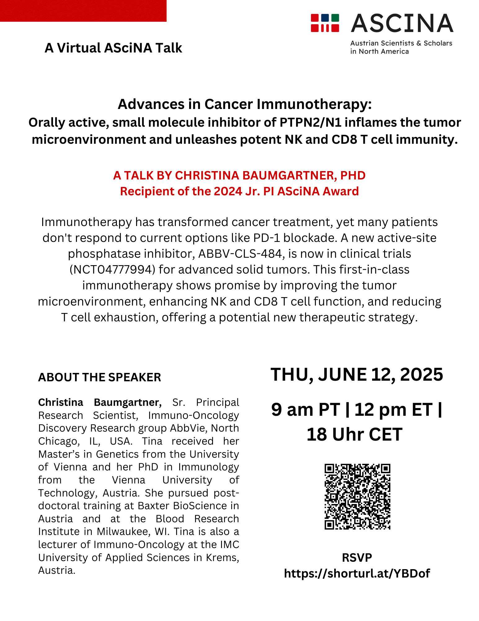 Flyer for "ASciNA Talk: "Advances in Cancer Immunotherapy" Christina Baumgartner, PhD"